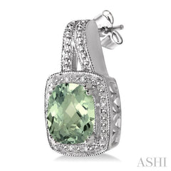 8x8 MM Cushion Shape Green Amethyst and 1/20 Ctw Single Cut Diamond Earrings in Sterling Silver