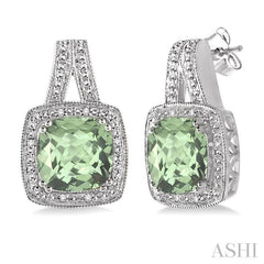 8x8 MM Cushion Shape Green Amethyst and 1/20 Ctw Single Cut Diamond Earrings in Sterling Silver