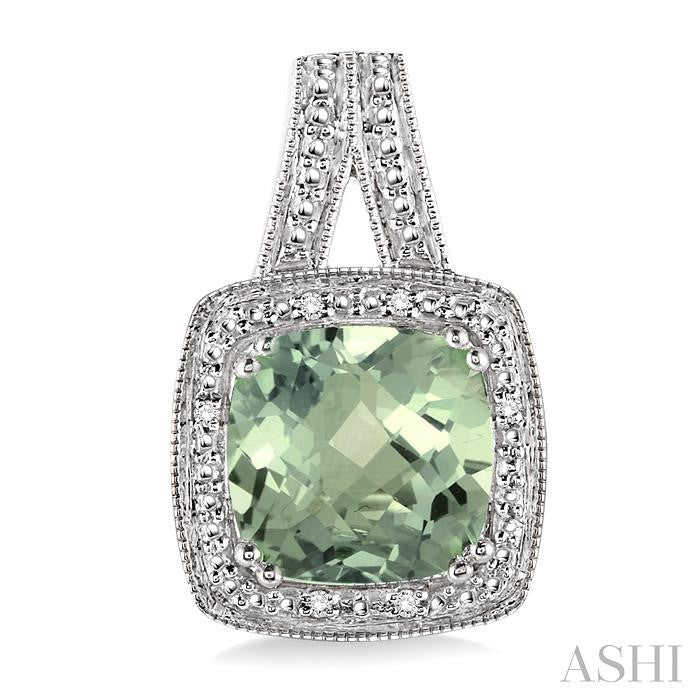 8x8 MM Cushion Shape Green Amethyst and 1/20 Ctw Round Cut Diamond Earrings in Sterling Silver