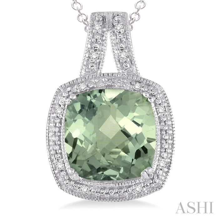 10x10 MM Cushion Shape Green Amethyst and 1/20 Ctw Single Cut Diamond Pendant in Sterling Silver with Chain