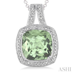 10x10 MM Cushion Shape Green Amethyst and 1/20 Ctw Round Cut Diamond Pendant in Sterling Silver with Chain