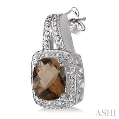 8x8 MM Cushion Shape Smoky Quartz and 1/20 Ctw Round Cut Diamond Earrings in Sterling Silver