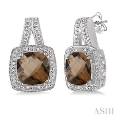 8x8 MM Cushion Shape Smoky Quartz and 1/20 Ctw Round Cut Diamond Earrings in Sterling Silver