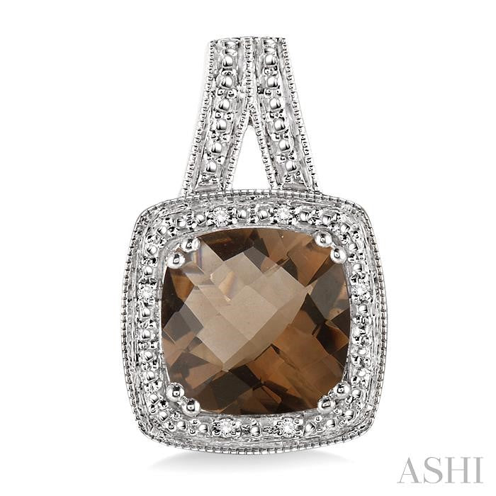 8x8 MM Cushion Shape Smoky Quartz and 1/20 Ctw Round Cut Diamond Earrings in Sterling Silver