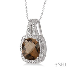 10x10 MM Cushion Shape Smoky Quartz and 1/20 Ctw Round Cut Diamond Pendant in Sterling Silver with Chain