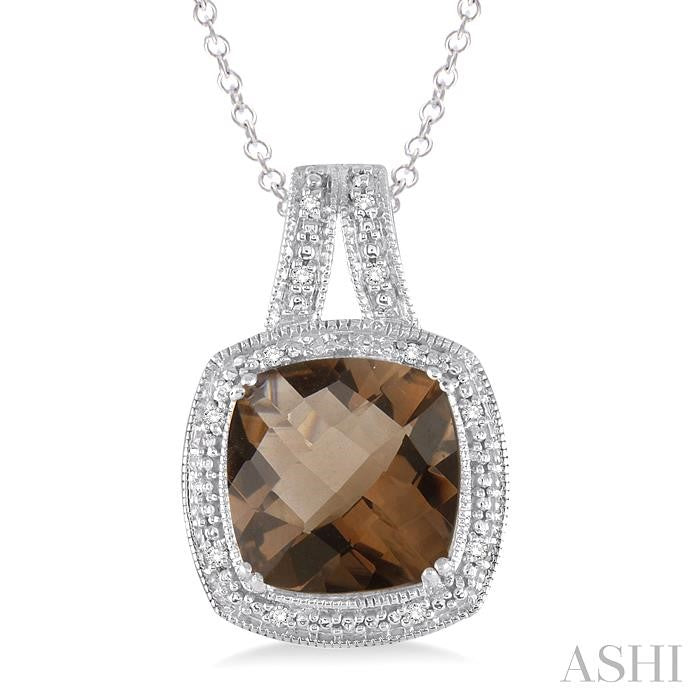10x10 MM Cushion Shape Smoky Quartz and 1/20 Ctw Round Cut Diamond Pendant in Sterling Silver with Chain