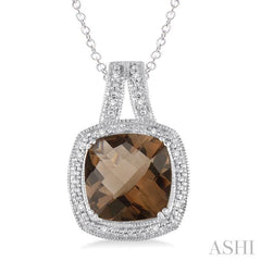 10x10 MM Cushion Shape Smoky Quartz and 1/20 Ctw Round Cut Diamond Pendant in Sterling Silver with Chain