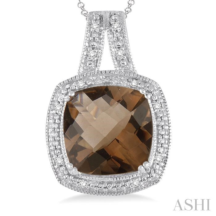10x10 MM Cushion Shape Smoky Quartz and 1/20 Ctw Round Cut Diamond Pendant in Sterling Silver with Chain