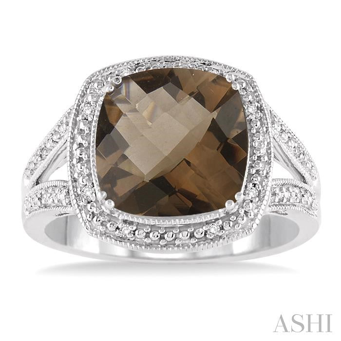 10x10 MM Cushion Shape Smoky Quartz and 1/20 Ctw Round Cut Diamond Ring in Sterling Silver