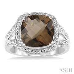 10x10 MM Cushion Shape Smoky Quartz and 1/20 Ctw Round Cut Diamond Ring in Sterling Silver