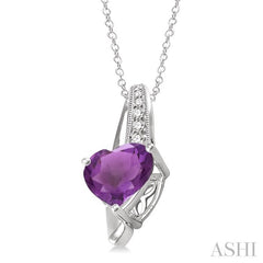 8x8 MM Heart Shape Amethyst and 1/20 Ctw Round Cut Diamond Pendant in Sterling Silver with Chain