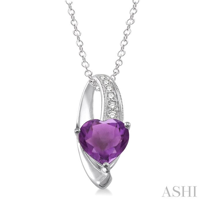 8x8 MM Heart Shape Amethyst and 1/20 Ctw Round Cut Diamond Pendant in Sterling Silver with Chain