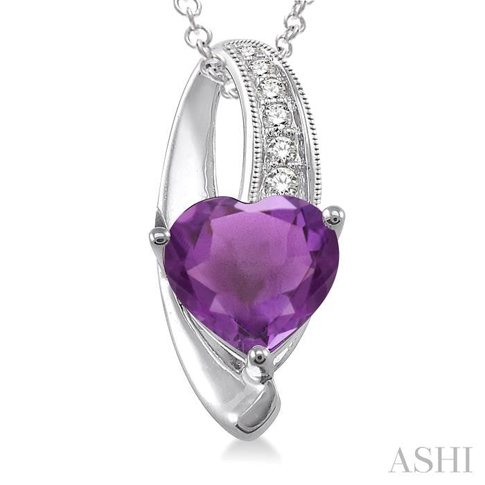 8x8 MM Heart Shape Amethyst and 1/20 Ctw Round Cut Diamond Pendant in Sterling Silver with Chain