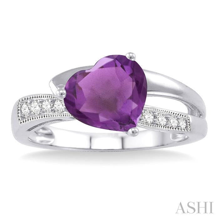 8x8 MM Heart Shape Amethyst and 1/20 Ctw Round Cut Diamond Ring in Sterling Silver