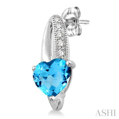 7x7 MM Heart Shape Blue Topaz and 1/20 Ctw Round Cut Diamond Earrings in Sterling Silver