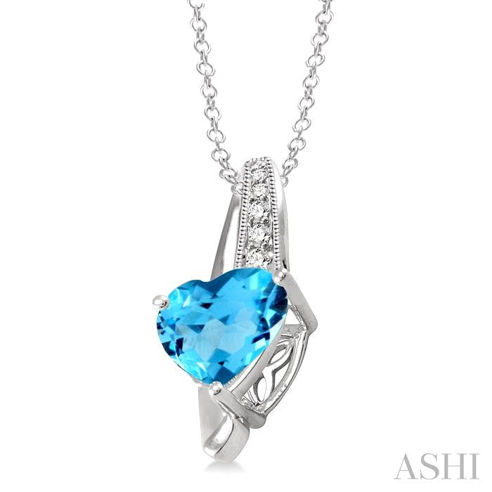 8x8 MM Heart Shape Blue Topaz and 1/20 Ctw Round Cut Diamond Pendant in Sterling Silver with Chain