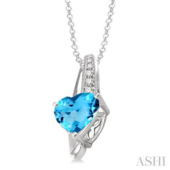 8x8 MM Heart Shape Blue Topaz and 1/20 Ctw Round Cut Diamond Pendant in Sterling Silver with Chain
