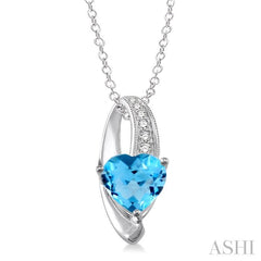8x8 MM Heart Shape Blue Topaz and 1/20 Ctw Round Cut Diamond Pendant in Sterling Silver with Chain