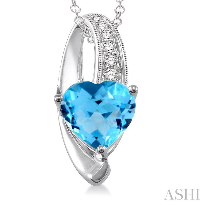 8x8 MM Heart Shape Blue Topaz and 1/20 Ctw Round Cut Diamond Pendant in Sterling Silver with Chain