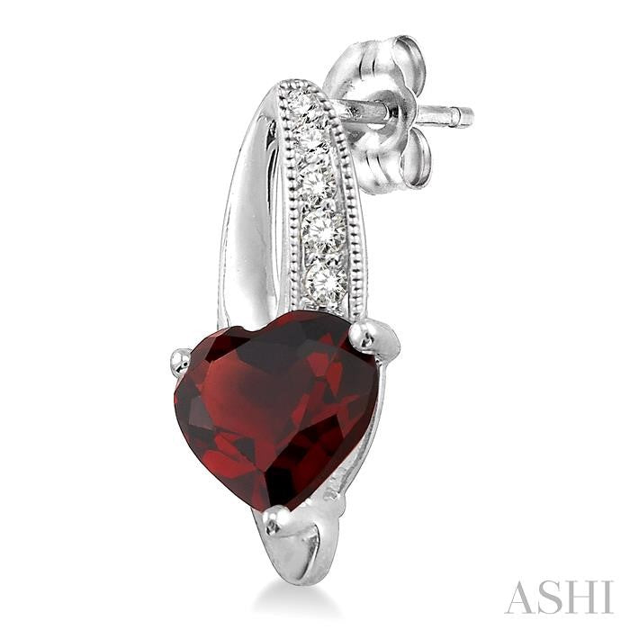 7x7 MM Heart Shape Garnet and 1/20 Ctw Round Cut Diamond Earrings in Sterling Silver