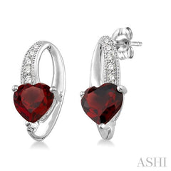 7x7 MM Heart Shape Garnet and 1/20 Ctw Round Cut Diamond Earrings in Sterling Silver