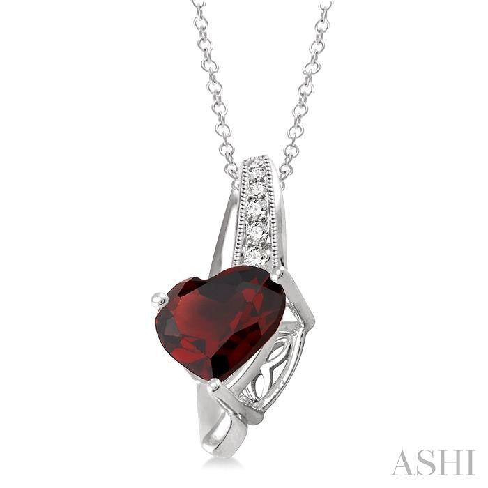 8x8 MM Heart Shape Garnet and 1/20 Ctw Round Cut Diamond Pendant in Sterling Silver with Chain