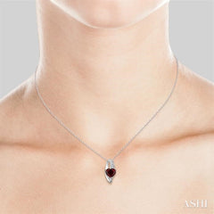 8x8 MM Heart Shape Garnet and 1/20 Ctw Round Cut Diamond Pendant in Sterling Silver with Chain