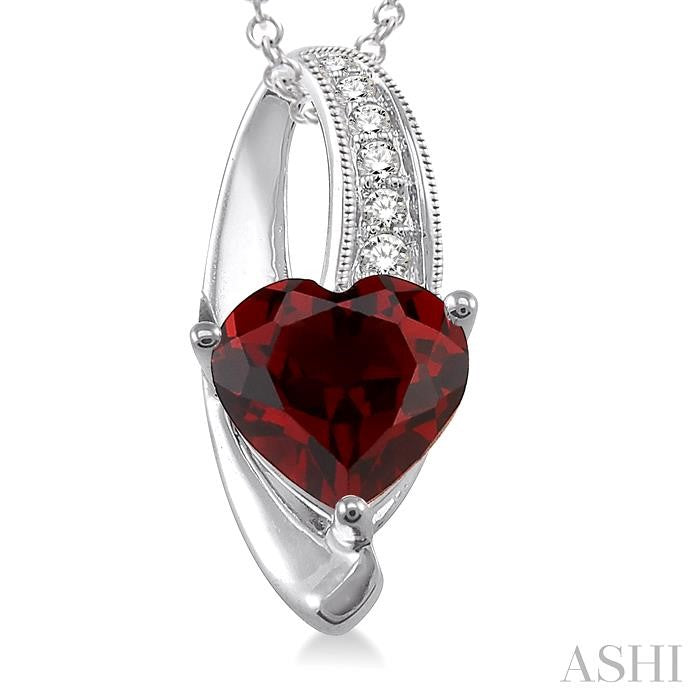 8x8 MM Heart Shape Garnet and 1/20 Ctw Round Cut Diamond Pendant in Sterling Silver with Chain