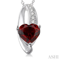 8x8 MM Heart Shape Garnet and 1/20 Ctw Round Cut Diamond Pendant in Sterling Silver with Chain