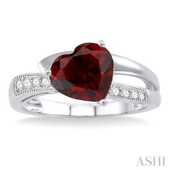 8x8 MM Heart Shape Garnet and 1/20 Ctw Round Cut Diamond Ring in Sterling Silver