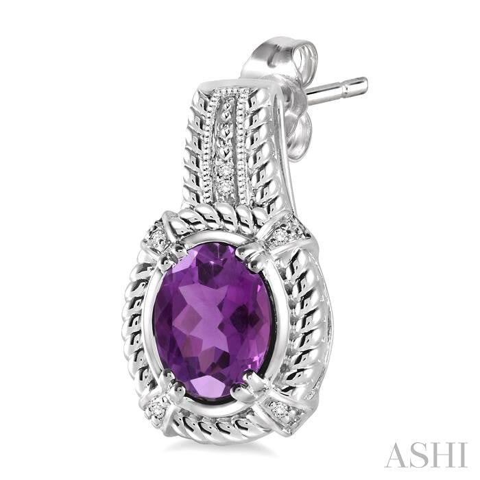 8x6 MM Oval Cut Amethyst and 1/20 Ctw Round Cut Diamond Earrings in Sterling Silver
