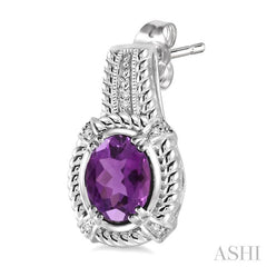 8x6 MM Oval Cut Amethyst and 1/20 Ctw Round Cut Diamond Earrings in Sterling Silver