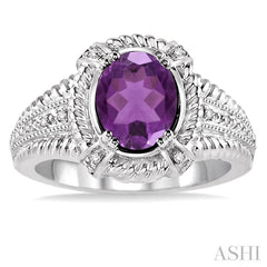 9x7 MM Oval Cut Amethyst and 1/50 Ctw Round Cut Diamond Ring in Sterling Silver