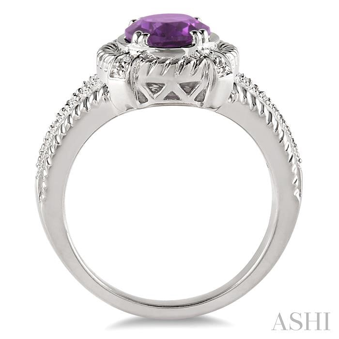 9x7 MM Oval Cut Amethyst and 1/50 Ctw Round Cut Diamond Ring in Sterling Silver