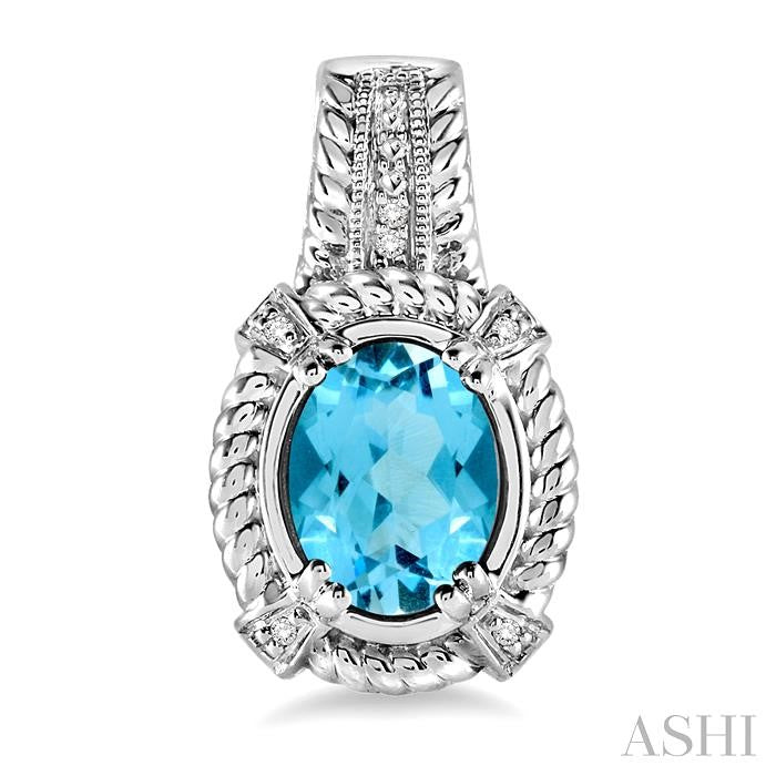 8x6 MM Oval Cut Blue Topaz and 1/20 Ctw Round Cut Diamond Earrings in Sterling Silver