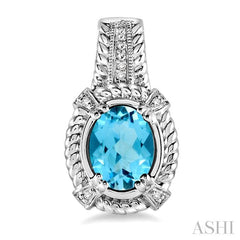 8x6 MM Oval Cut Blue Topaz and 1/20 Ctw Round Cut Diamond Earrings in Sterling Silver