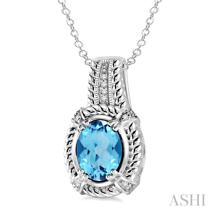 9x7 MM Oval Cut Blue Topaz and 1/50 Ctw Round Cut Diamond Pendant in Sterling Silver with Chain