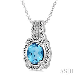 9x7 MM Oval Cut Blue Topaz and 1/50 Ctw Round Cut Diamond Pendant in Sterling Silver with Chain