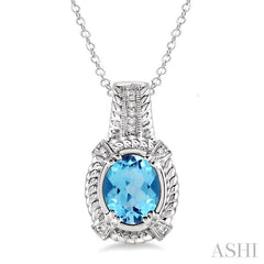 9x7 MM Oval Cut Blue Topaz and 1/50 Ctw Round Cut Diamond Pendant in Sterling Silver with Chain