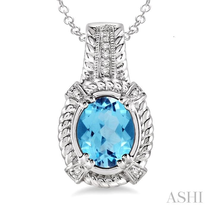 9x7 MM Oval Cut Blue Topaz and 1/50 Ctw Round Cut Diamond Pendant in Sterling Silver with Chain