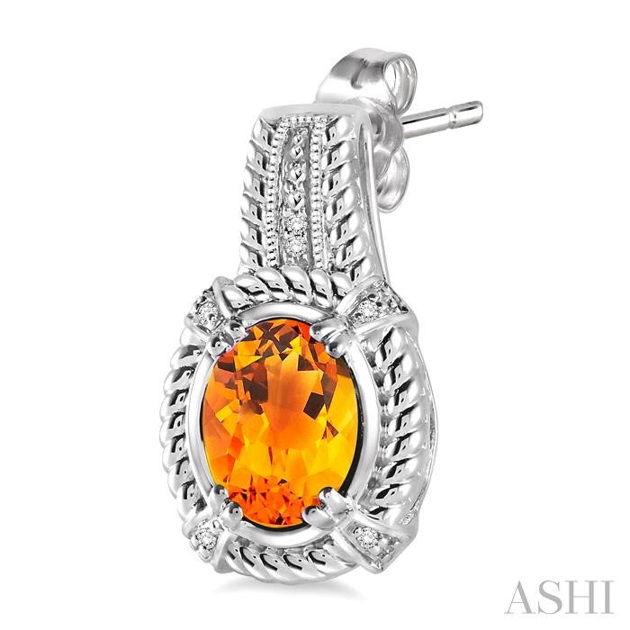8x6 MM Oval Cut Citrine and 1/20 Ctw Round Cut Diamond Earrings in Sterling Silver