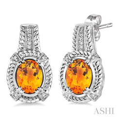 8x6 MM Oval Cut Citrine and 1/20 Ctw Round Cut Diamond Earrings in Sterling Silver