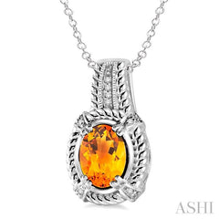 9x7 MM Oval Cut Citrine and 1/50 Ctw Round Cut Diamond Pendant in Sterling Silver with Chain