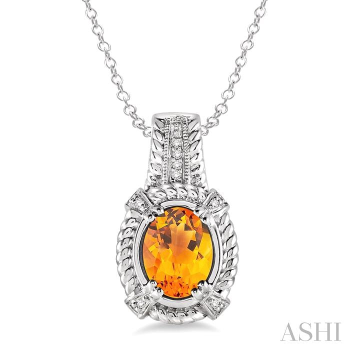 9x7 MM Oval Cut Citrine and 1/50 Ctw Round Cut Diamond Pendant in Sterling Silver with Chain