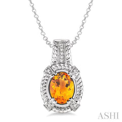 9x7 MM Oval Cut Citrine and 1/50 Ctw Round Cut Diamond Pendant in Sterling Silver with Chain