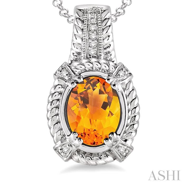 9x7 MM Oval Cut Citrine and 1/50 Ctw Round Cut Diamond Pendant in Sterling Silver with Chain