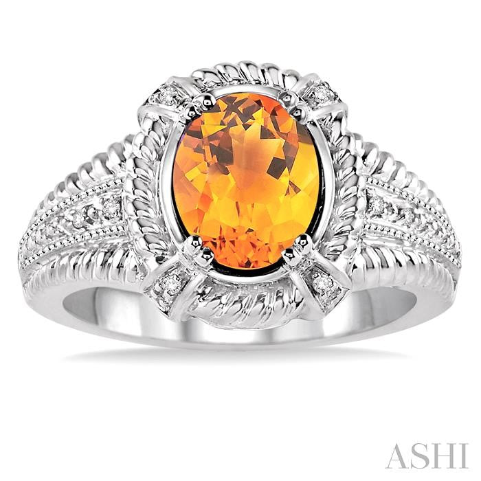 9x7 MM Oval Cut Citrine and 1/50 Ctw Round Cut Diamond Ring in Sterling Silver