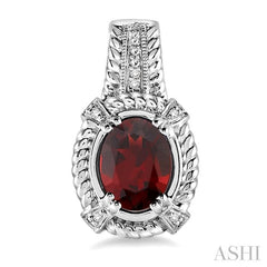 8x6 MM Oval Cut Garnet and 1/20 Ctw Round Cut Diamond Earrings in Sterling Silver