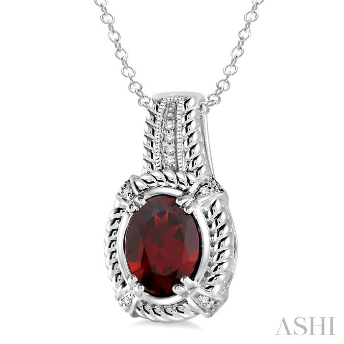9x7 MM Oval Cut Garnet and 1/50 Ctw Round Cut Diamond Pendant in Sterling Silver with Chain