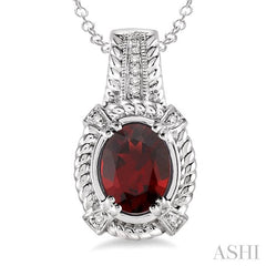 9x7 MM Oval Cut Garnet and 1/50 Ctw Round Cut Diamond Pendant in Sterling Silver with Chain